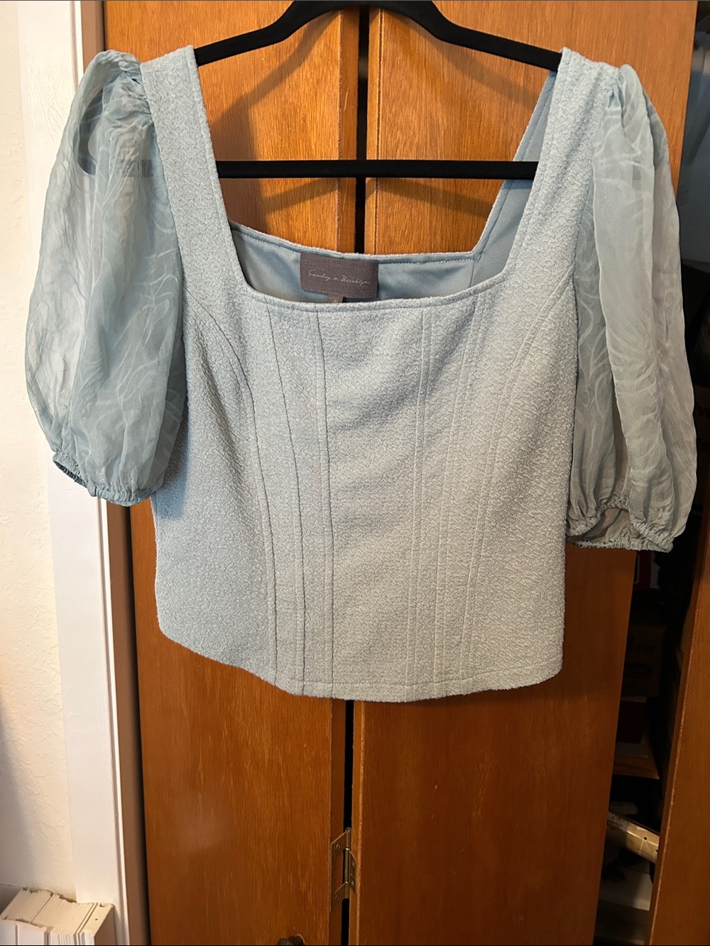 Sunday in Brooklyn Pale Blue Square Neck Puff Sleeve Top